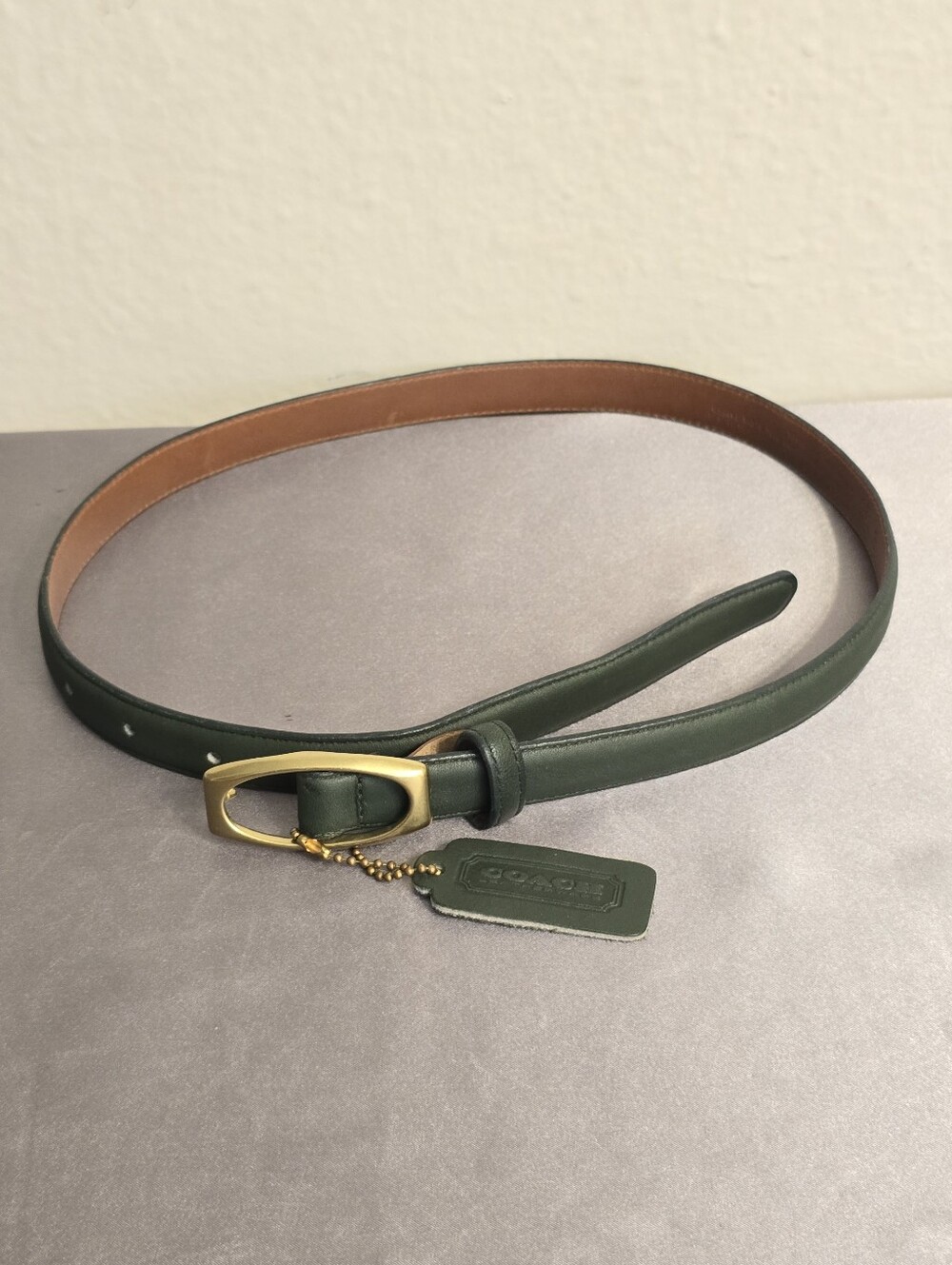 COACH Women’s Bottle Green Leather Belt with Gold Buckle - Picture 3 of 8